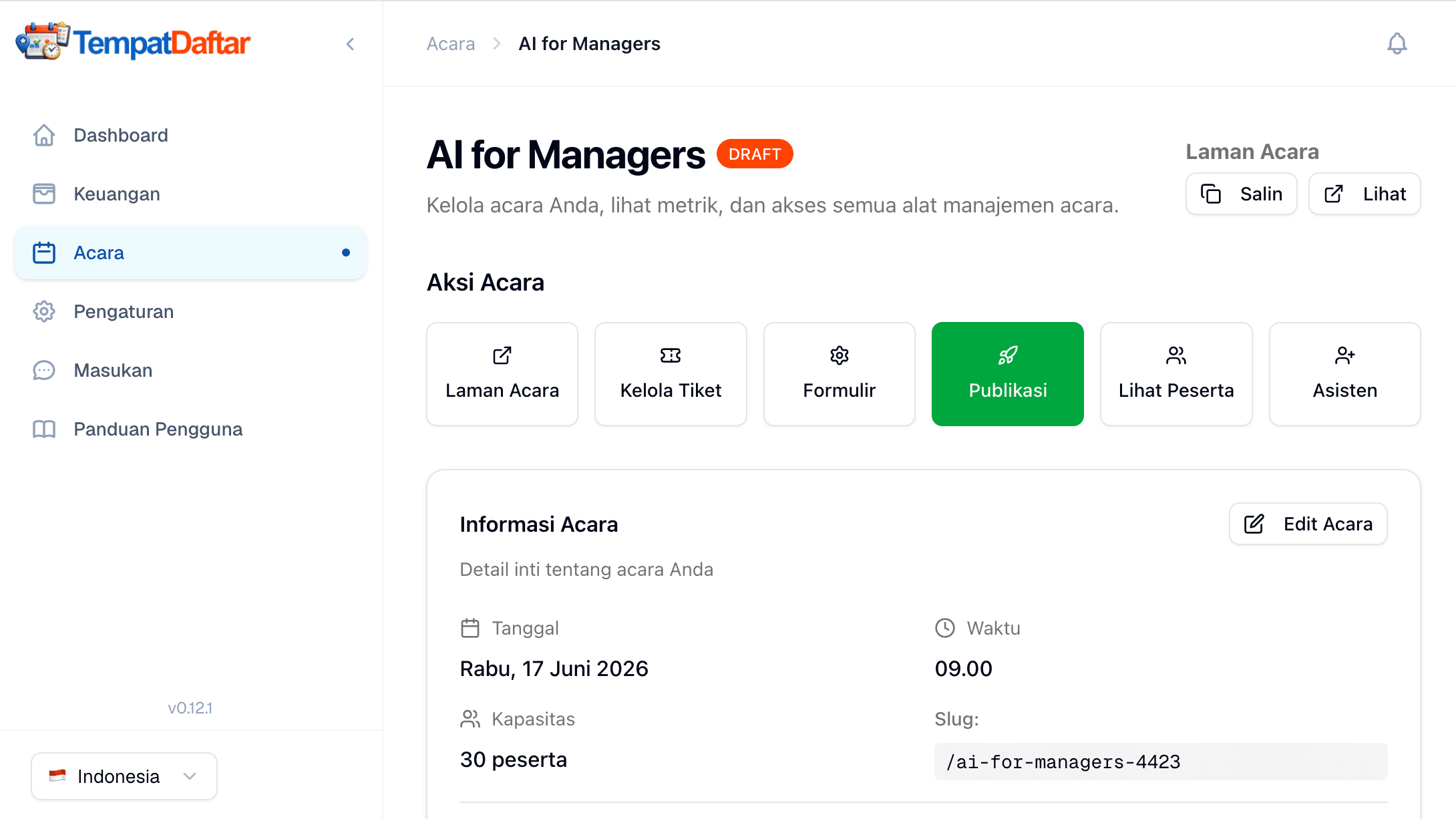 Dashboard TempatDaftar - Antarmuka manajemen acara